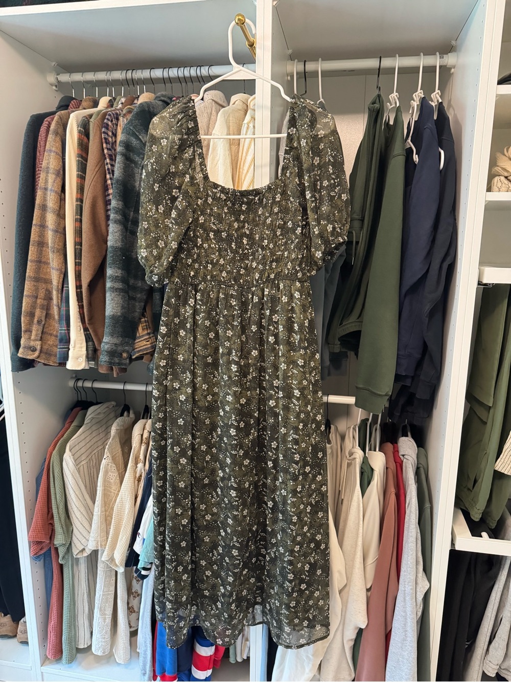 Old Navy Olive Green Floral Midi Dress with Puff Sleeves